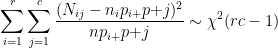 \dpi{100} \sum^r_{i=1} \sum^c_{j=1}\frac{(N_{ij}-n_i p_{i+}p{+j})^2}{n p_{i+}p{+j}} \sim \chi^2(rc-1)